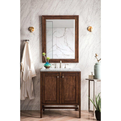 James Martin Addison 30" 2-Door Single Mid Century Acacia Bathroom Vanity With 1" Carrara White Marble Top and Rectangular Ceramic Sink