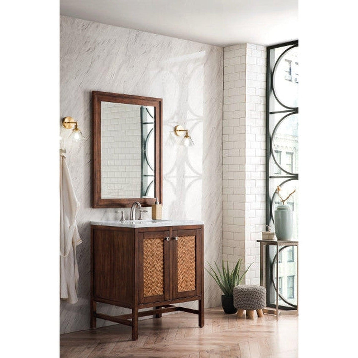 James Martin Addison 30" 2-Door Single Mid Century Acacia Bathroom Vanity With 1" Carrara White Marble Top and Rectangular Ceramic Sink