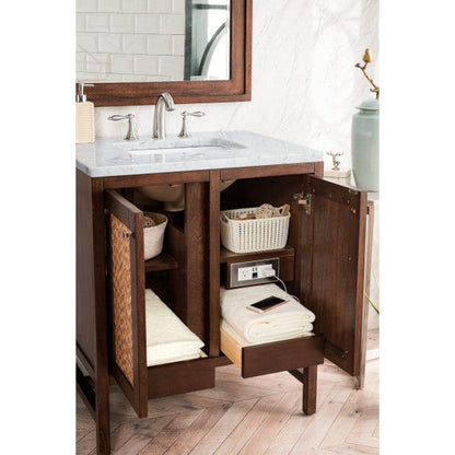 James Martin Addison 30" 2-Door Single Mid Century Acacia Bathroom Vanity With 1" Carrara White Marble Top and Rectangular Ceramic Sink