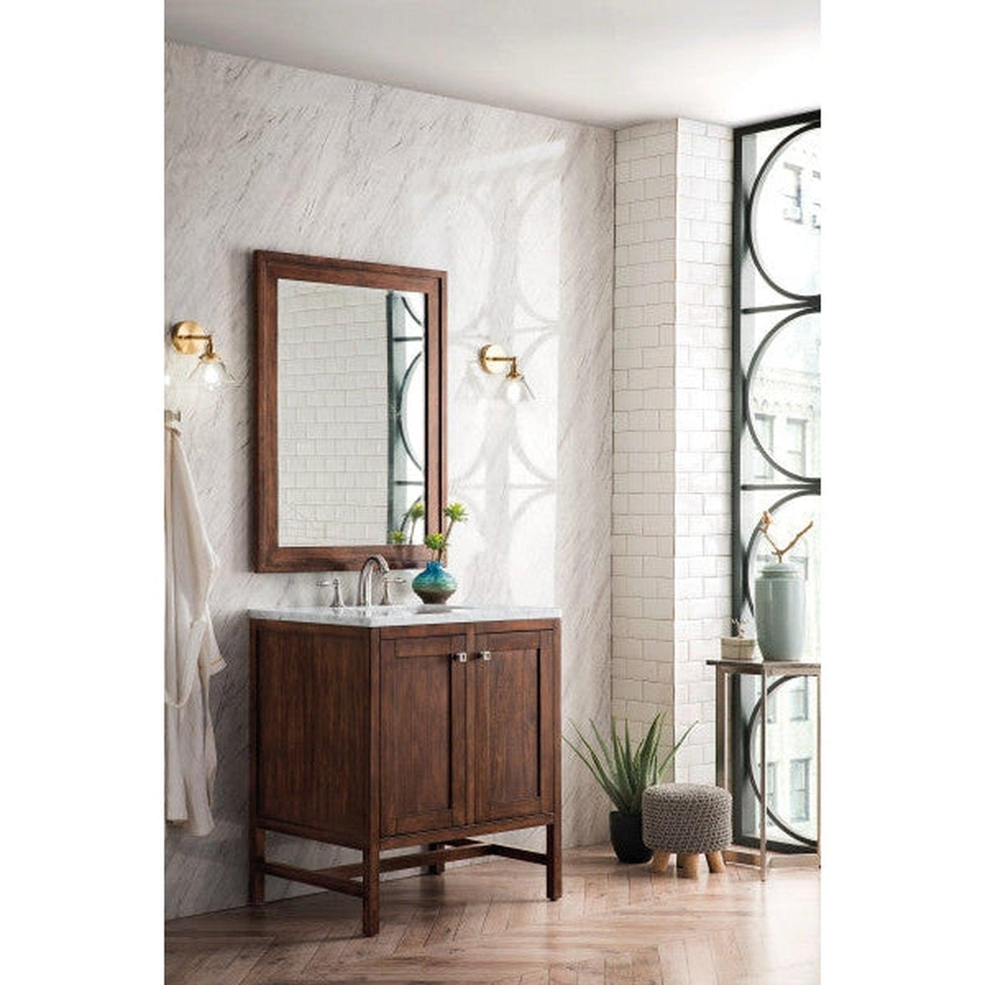 James Martin Addison 30" 2-Door Single Mid Century Acacia Bathroom Vanity With 1" Carrara White Marble Top and Rectangular Ceramic Sink