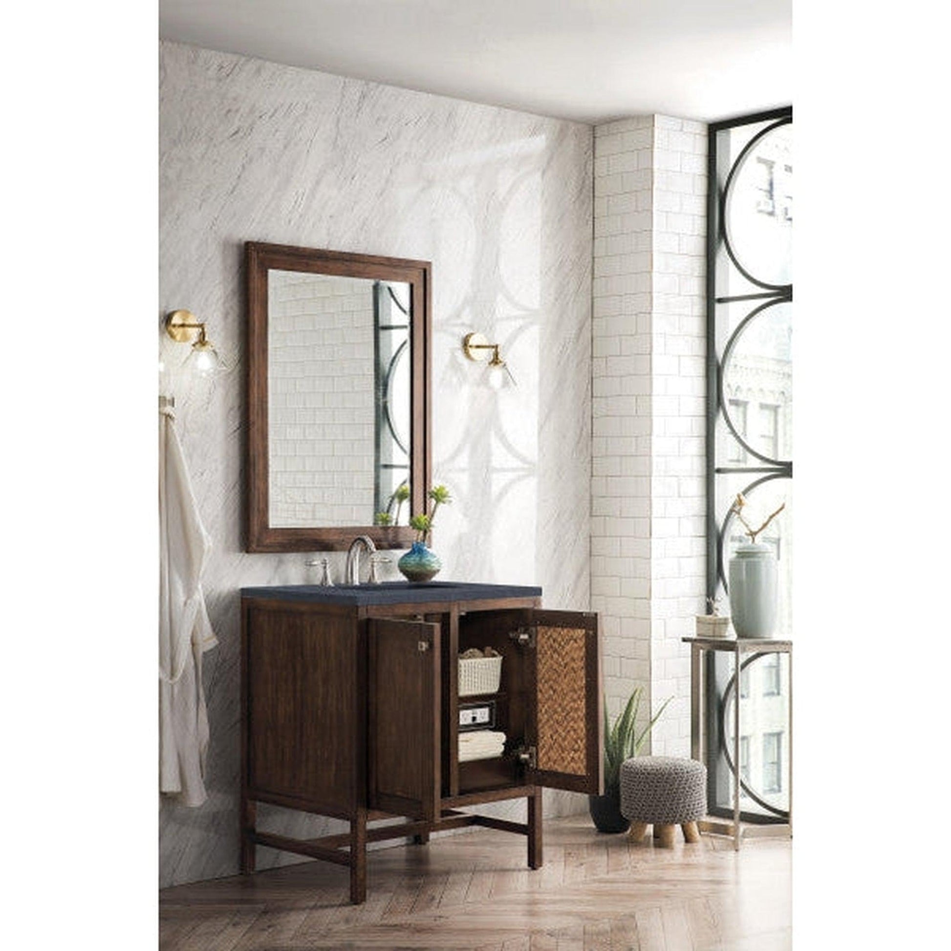 James Martin Addison 30" 2-Door Single Mid Century Acacia Bathroom Vanity With 1" Charcoal Soapstone Quartz Top and Rectangular Ceramic Sink