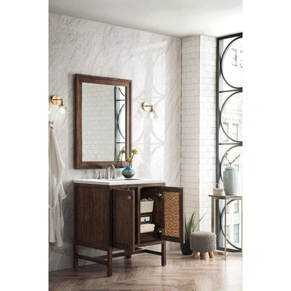 James Martin Addison 30" 2-Door Single Mid Century Acacia Bathroom Vanity With 1" Classic White Quartz Top and Rectangular Ceramic Sink