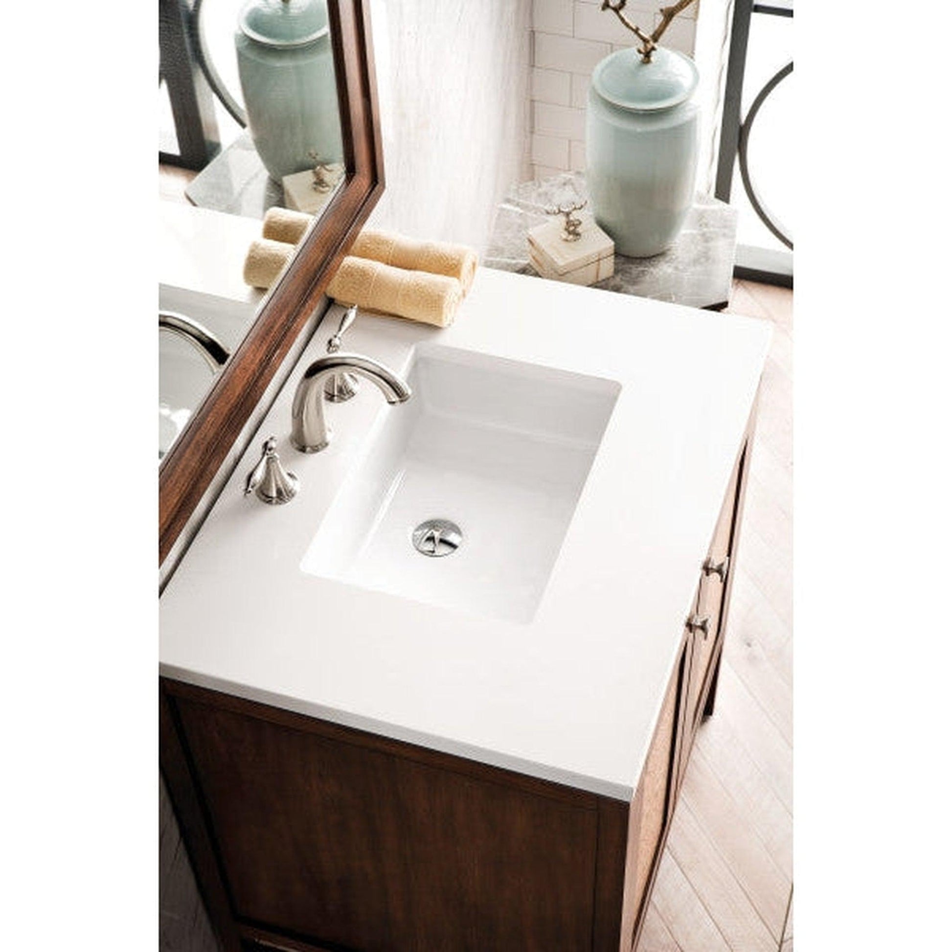 James Martin Addison 30" 2-Door Single Mid Century Acacia Bathroom Vanity With 1" Classic White Quartz Top and Rectangular Ceramic Sink