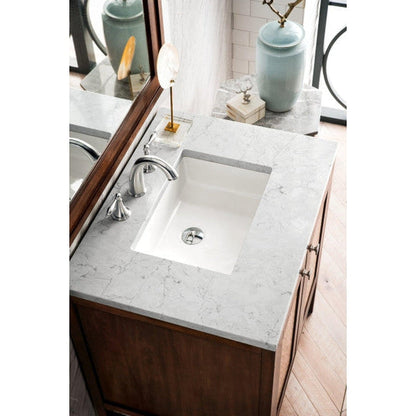 James Martin Addison 30" 2-Door Single Mid Century Acacia Bathroom Vanity With 1" Eternal Jasmine Pearl Quartz Top and Rectangular Ceramic Sink