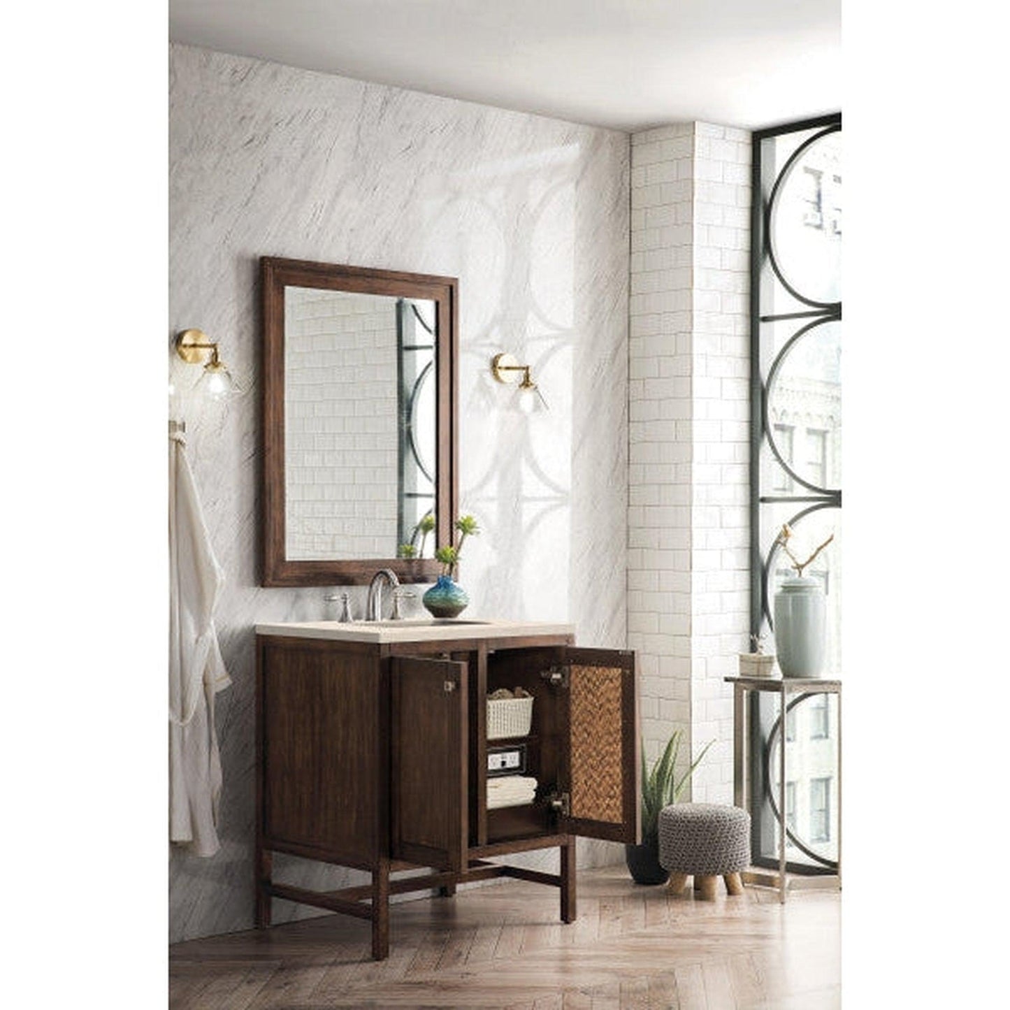 James Martin Addison 30" 2-Door Single Mid Century Acacia Bathroom Vanity With 1" Eternal Marfil Quartz Top and Rectangular Ceramic Sink