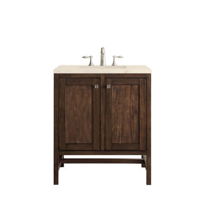 James Martin Addison 30" 2-Door Single Mid Century Acacia Bathroom Vanity With 1" Eternal Marfil Quartz Top and Rectangular Ceramic Sink