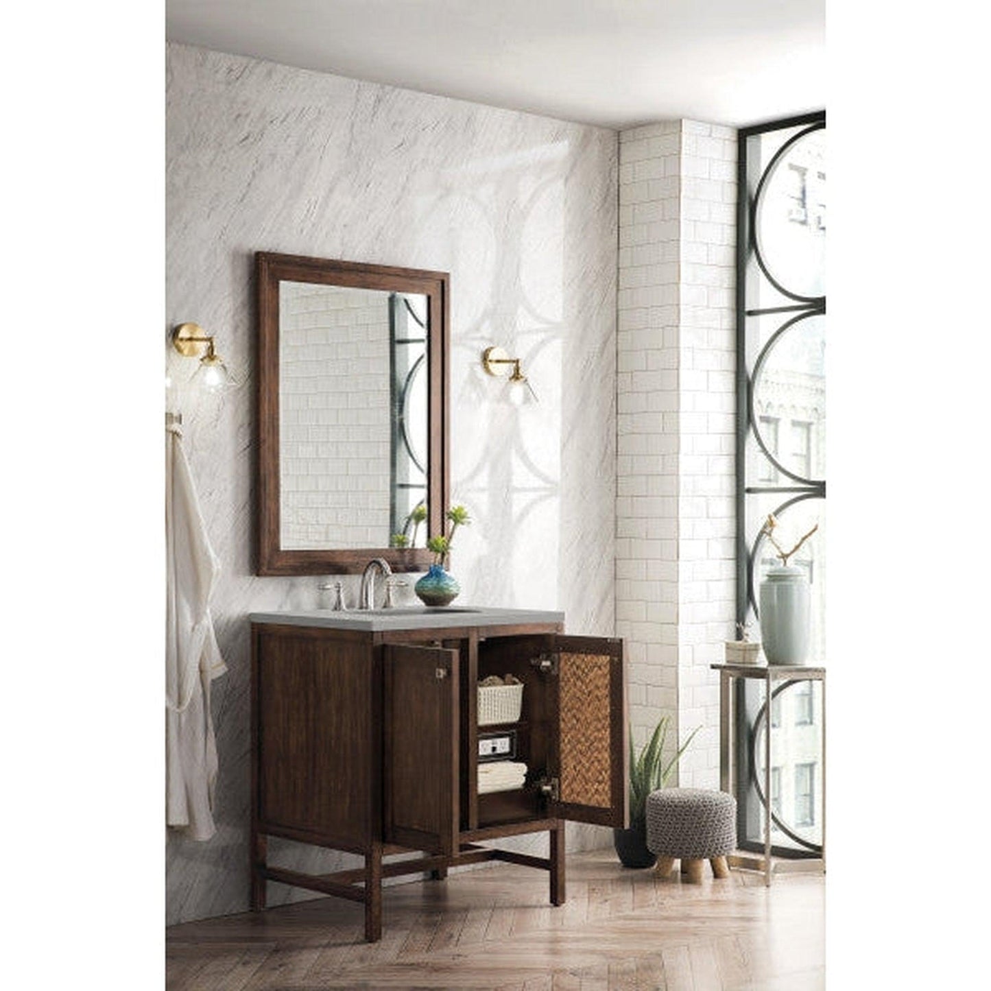 James Martin Addison 30" 2-Door Single Mid Century Acacia Bathroom Vanity With 1" Eternal Serena Quartz Top and Rectangular Ceramic Sink