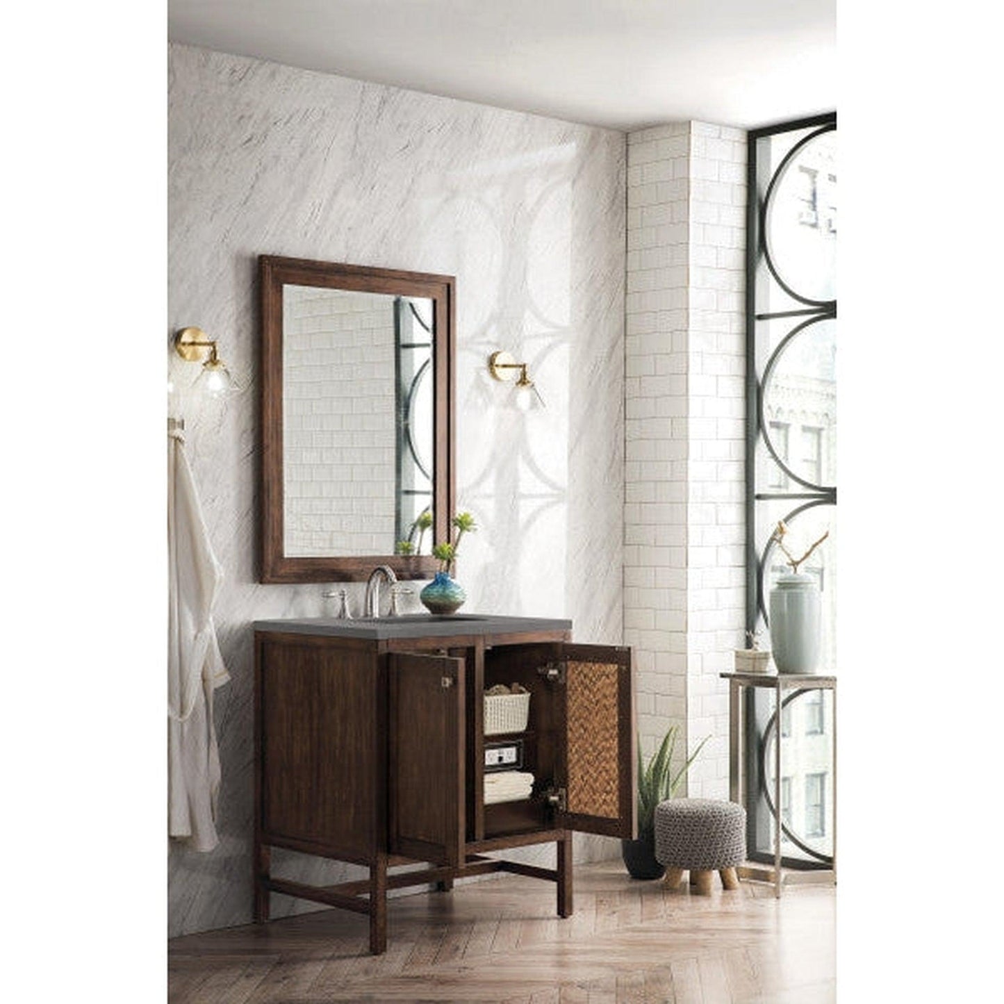 James Martin Addison 30" 2-Door Single Mid Century Acacia Bathroom Vanity With 1" Gray Expo Quartz Top and Rectangular Ceramic Sink