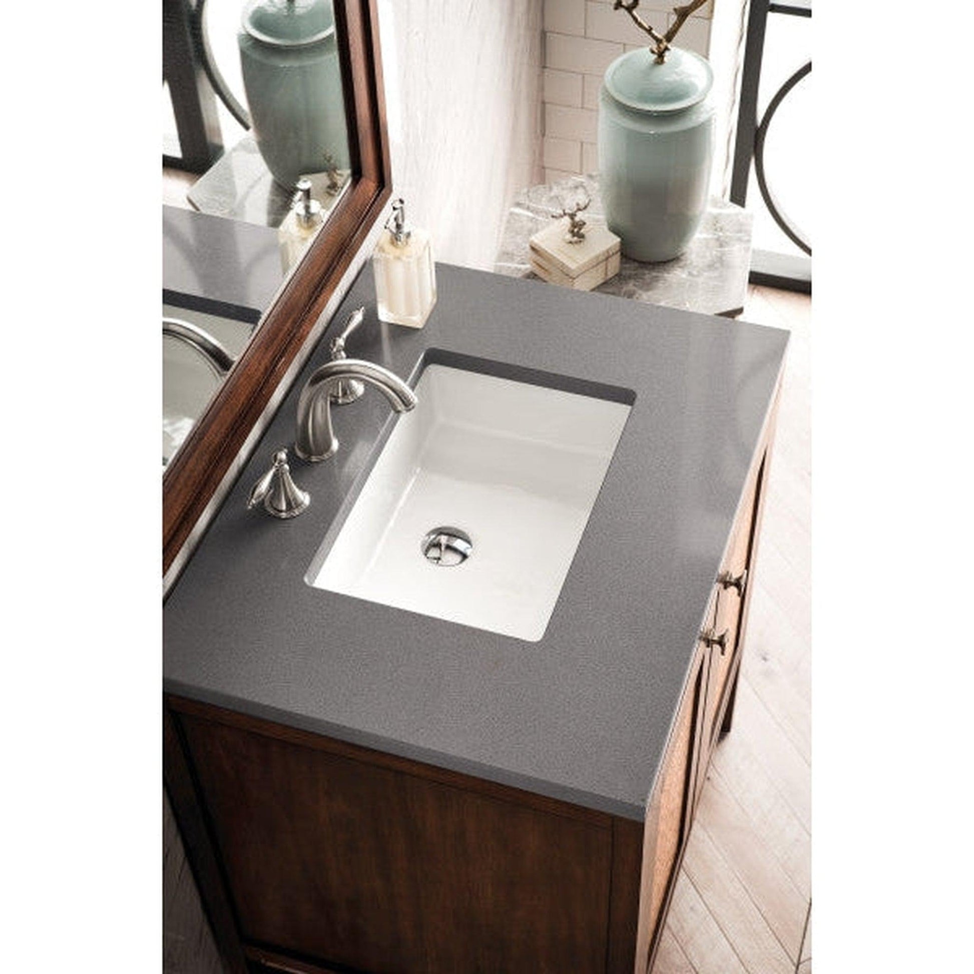 James Martin Addison 30" 2-Door Single Mid Century Acacia Bathroom Vanity With 1" Gray Expo Quartz Top and Rectangular Ceramic Sink