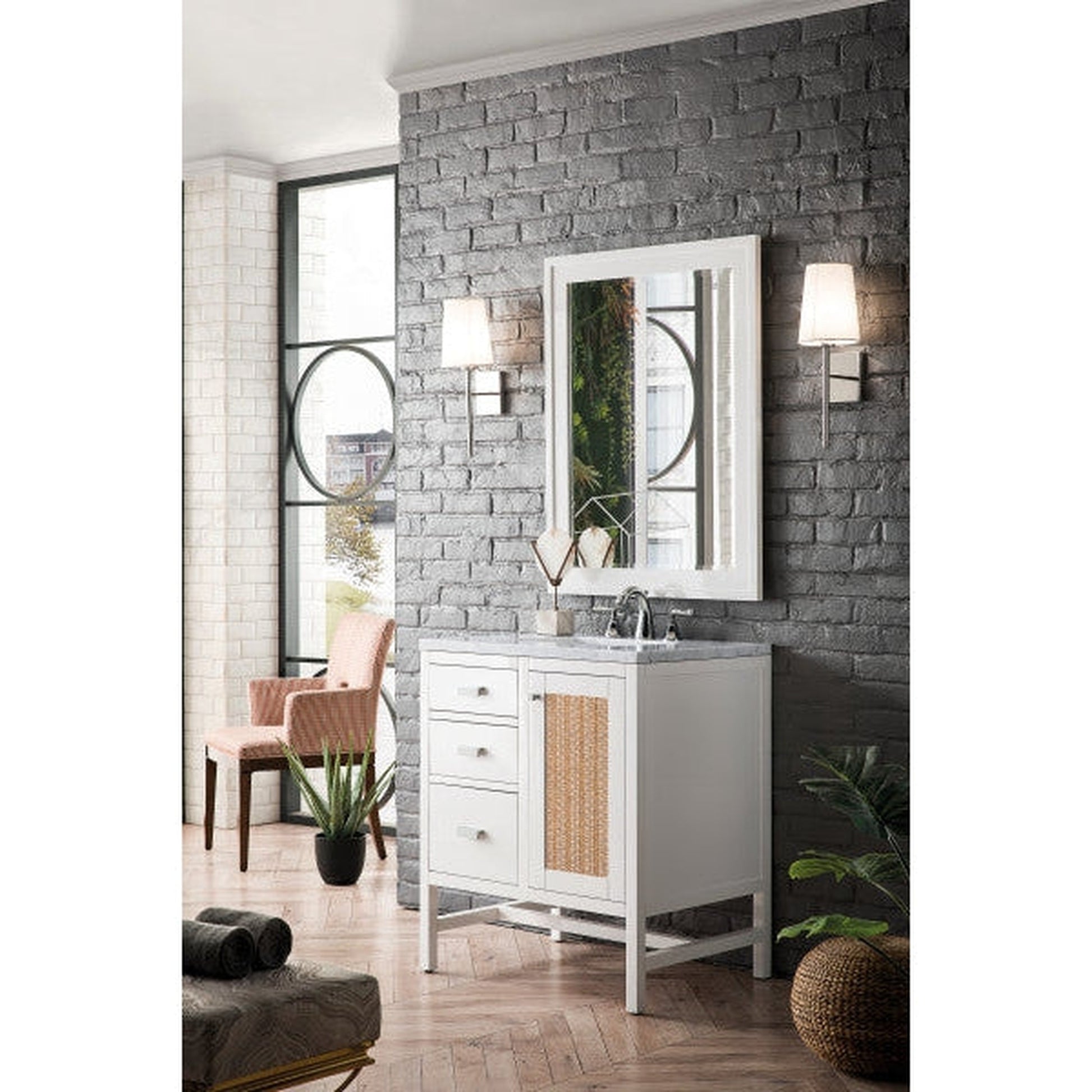 James Martin Addison 30" Single Glossy White Bathroom Vanity With 1" Arctic Fall Solid Surface Top and Rectangular Ceramic Sink