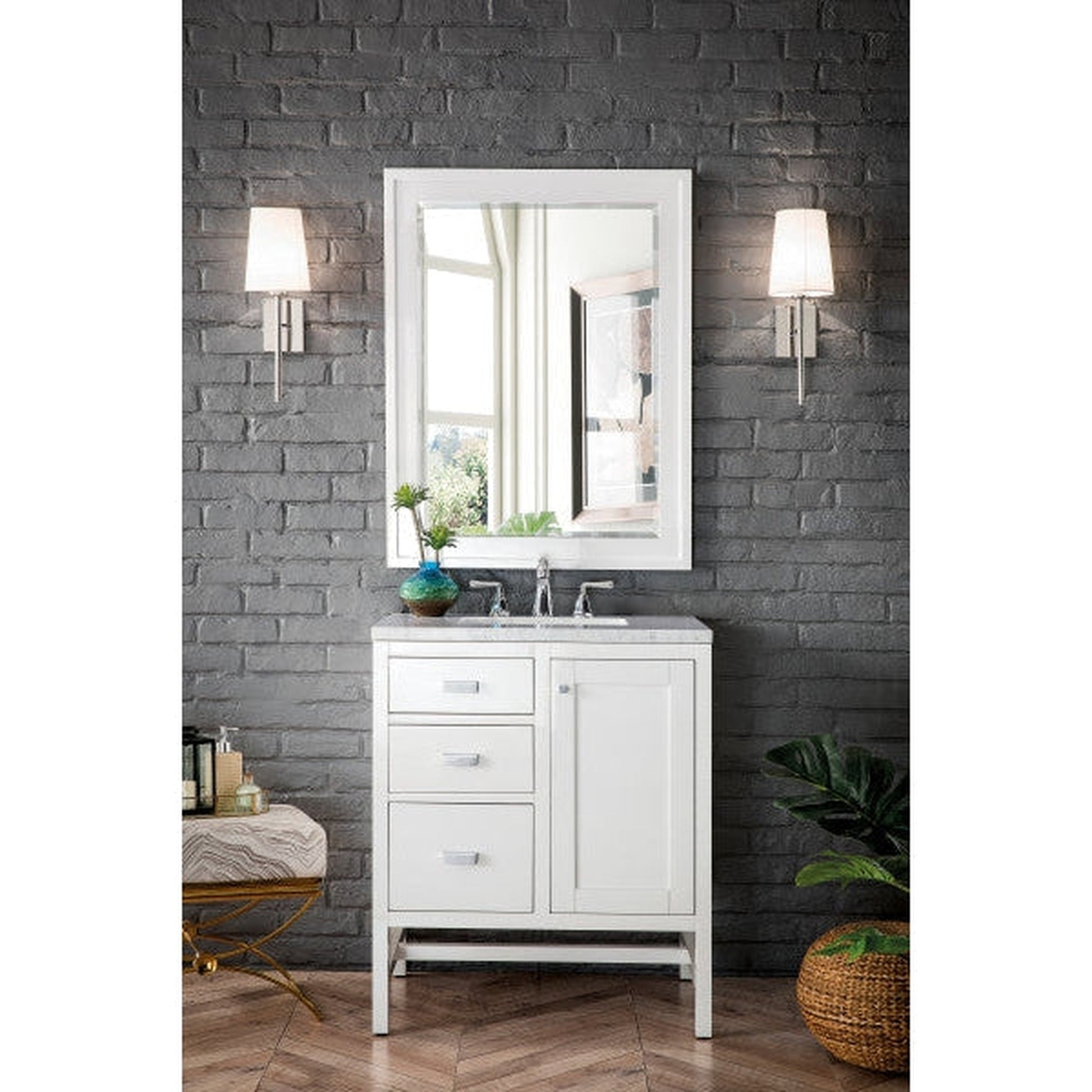 James Martin Addison 30" Single Glossy White Bathroom Vanity With 1" Arctic Fall Solid Surface Top and Rectangular Ceramic Sink