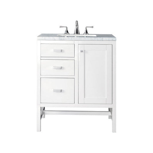 James Martin Addison 30" Single Glossy White Bathroom Vanity With 1" Arctic Fall Solid Surface Top and Rectangular Ceramic Sink