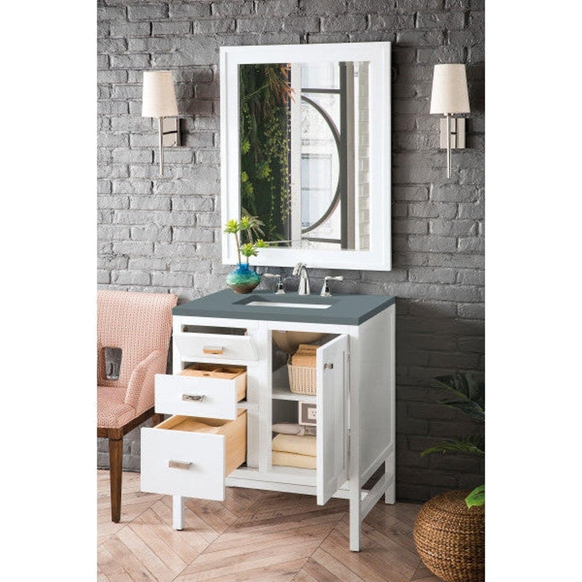 James Martin Addison 30" Single Glossy White Bathroom Vanity With 1" Cala Blue Quartz Top and Rectangular Ceramic Sink