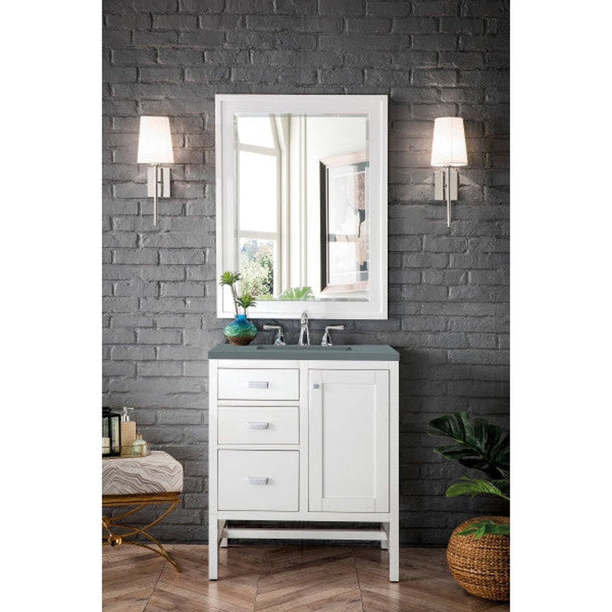 James Martin Addison 30" Single Glossy White Bathroom Vanity With 1" Cala Blue Quartz Top and Rectangular Ceramic Sink