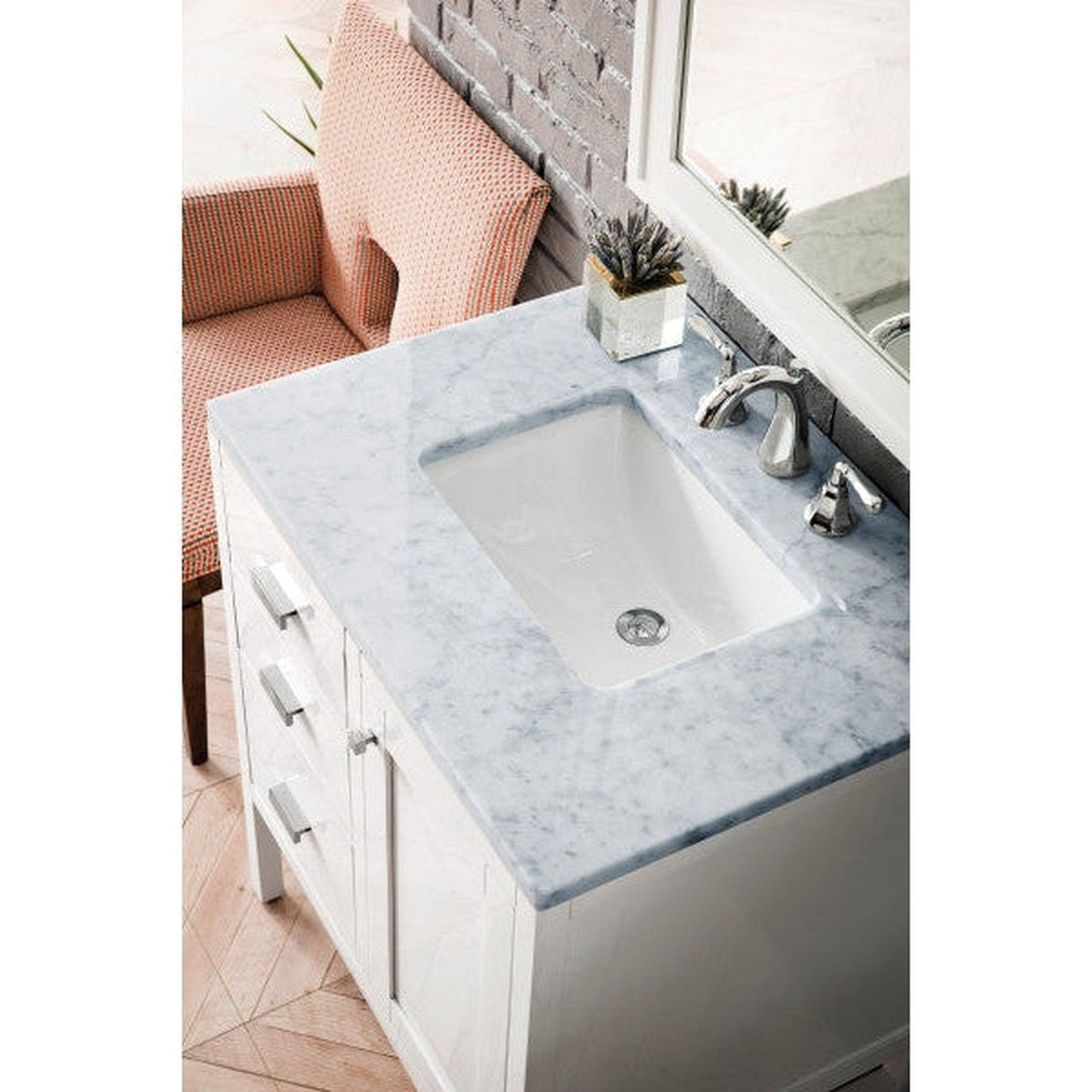 James Martin Addison 30" Single Glossy White Bathroom Vanity With 1" Carrara White Marble Top and Rectangular Ceramic Sink