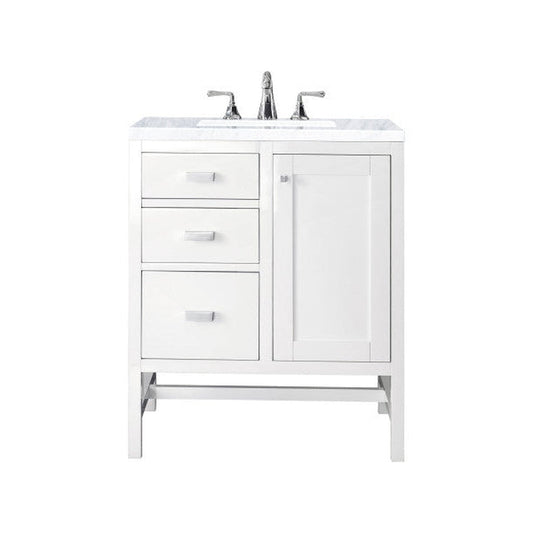 James Martin Addison 30" Single Glossy White Bathroom Vanity With 1" Carrara White Marble Top and Rectangular Ceramic Sink