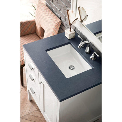 James Martin Addison 30" Single Glossy White Bathroom Vanity With 1" Charcoal Soapstone Quartz Top and Rectangular Ceramic Sink