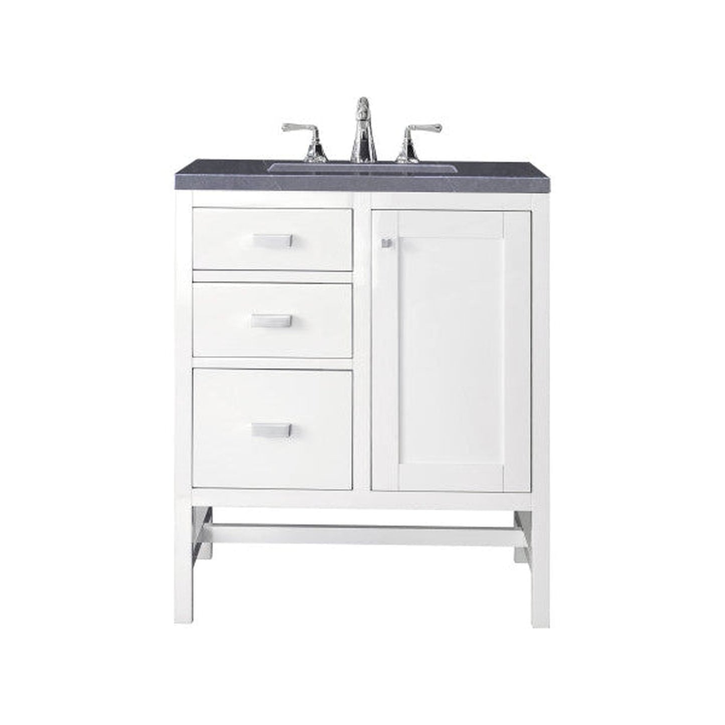 James Martin Addison 30" Single Glossy White Bathroom Vanity With 1" Charcoal Soapstone Quartz Top and Rectangular Ceramic Sink