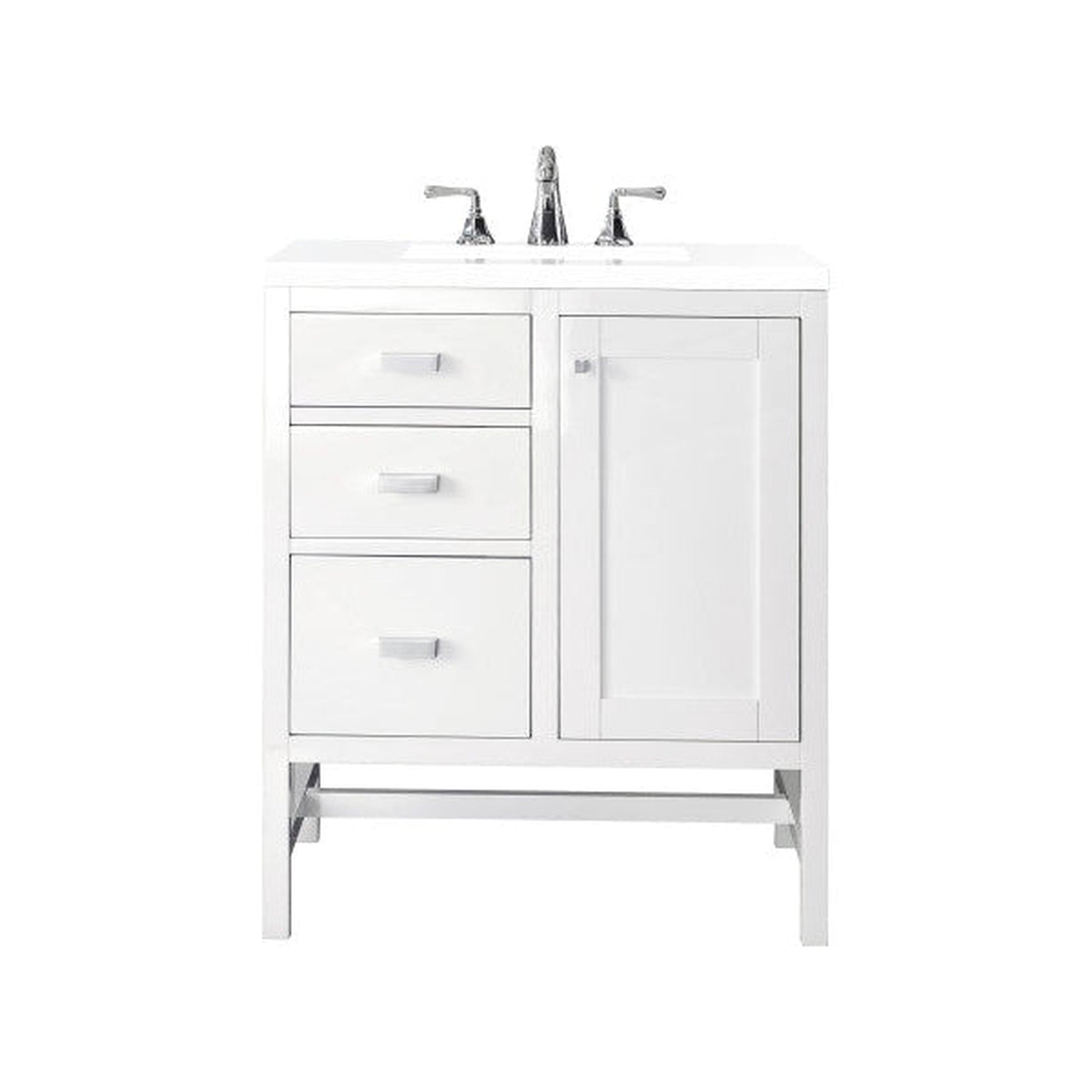 James Martin Addison 30" Single Glossy White Bathroom Vanity With 1" Classic White Quartz Top and Rectangular Ceramic Sink