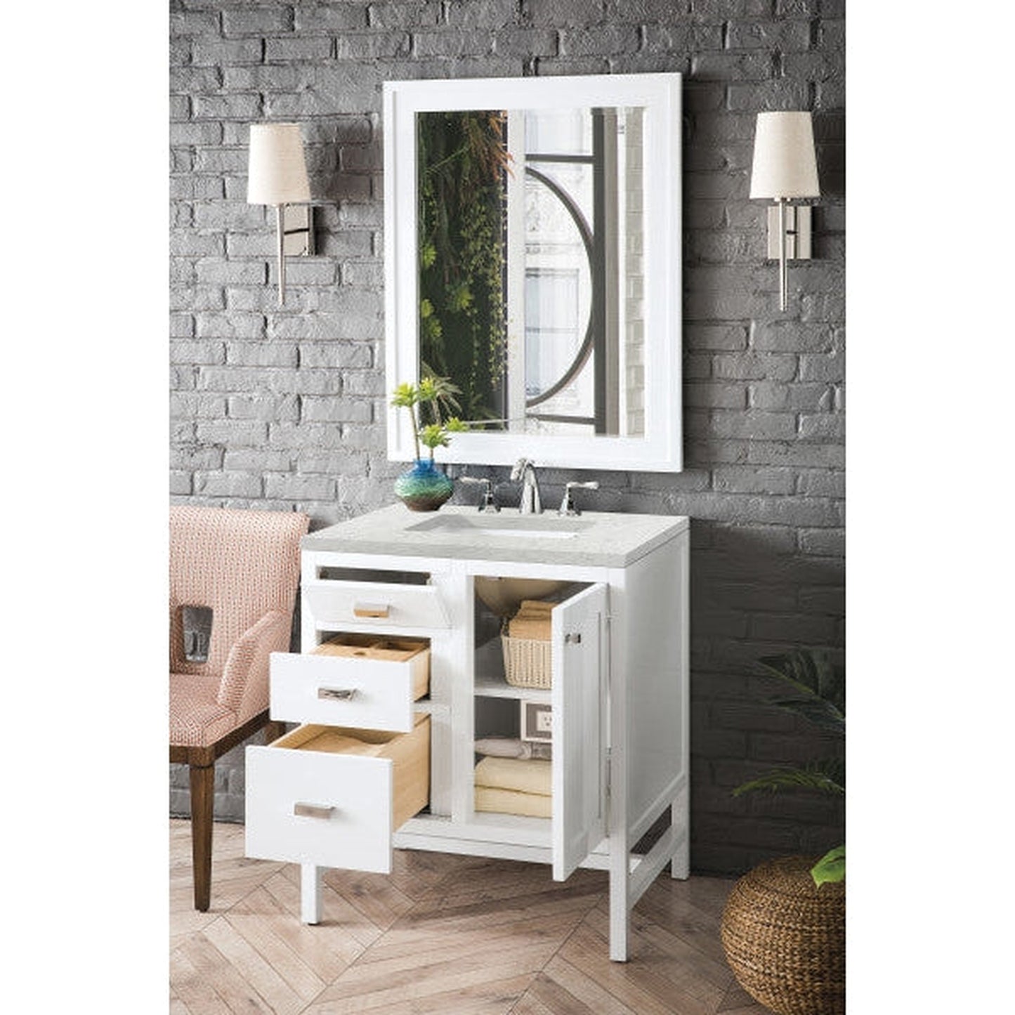 James Martin Addison 30" Single Glossy White Bathroom Vanity With 1" Eternal Jasmine Pearl Quartz Top and Rectangular Ceramic Sink