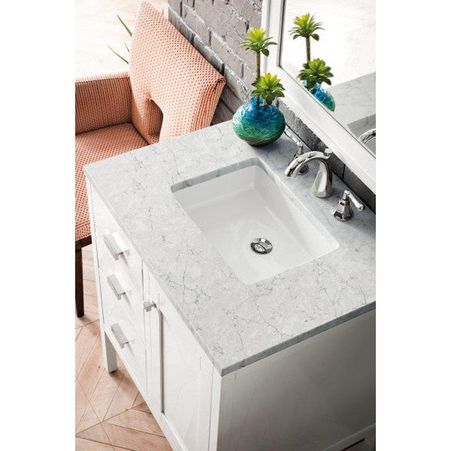 James Martin Addison 30" Single Glossy White Bathroom Vanity With 1" Eternal Jasmine Pearl Quartz Top and Rectangular Ceramic Sink