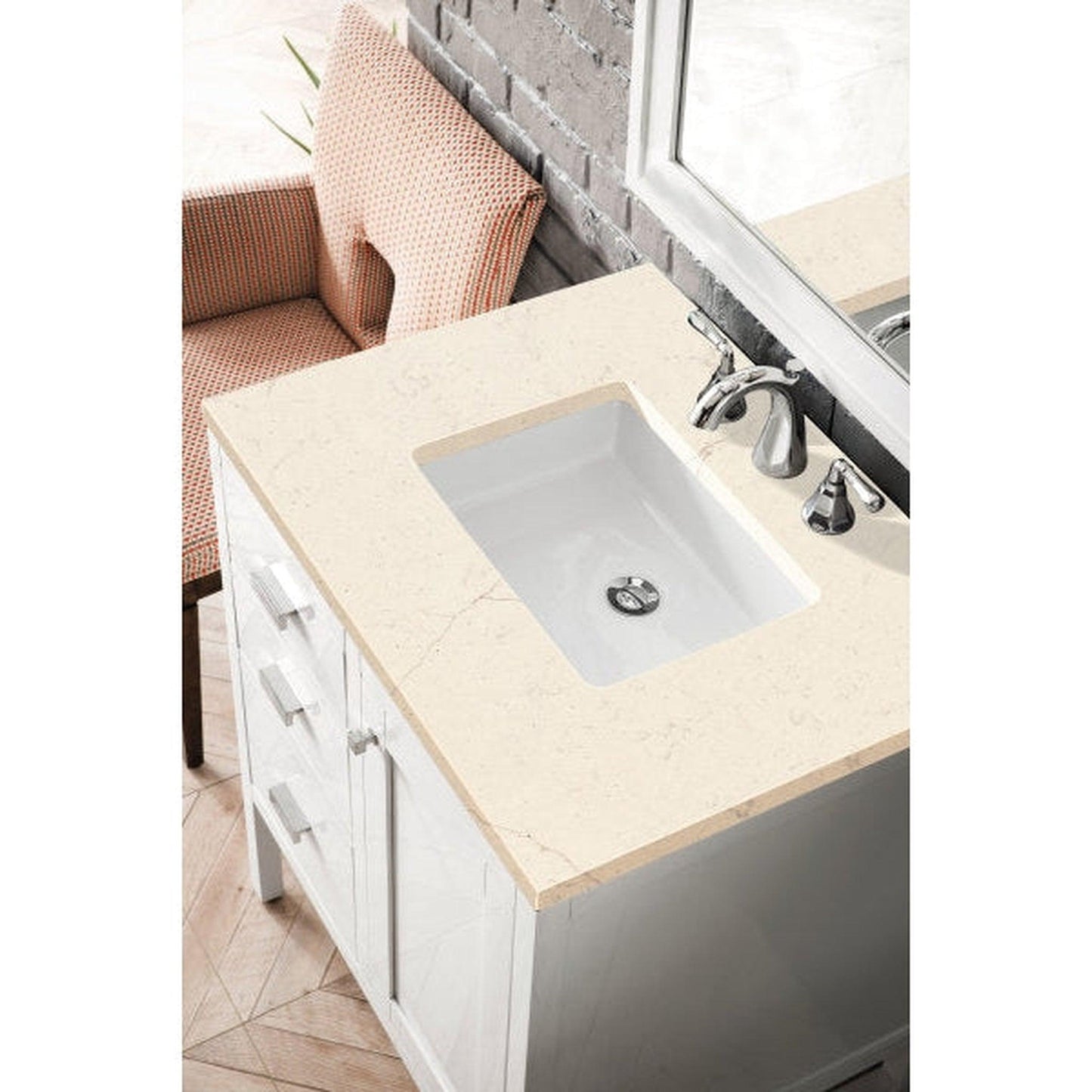 James Martin Addison 30" Single Glossy White Bathroom Vanity With 1" Eternal Marfil Quartz Top and Rectangular Ceramic Sink
