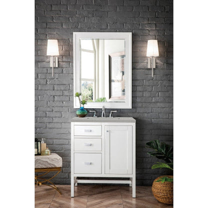 James Martin Addison 30" Single Glossy White Bathroom Vanity With 1" Eternal Serena Quartz Top and Rectangular Ceramic Sink