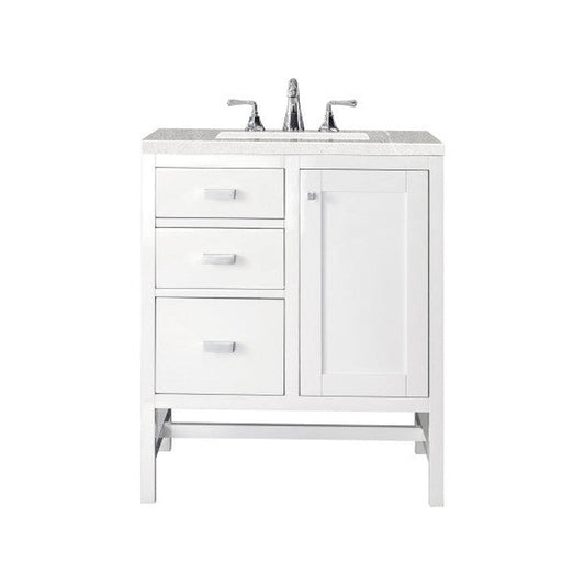 James Martin Addison 30" Single Glossy White Bathroom Vanity With 1" Eternal Serena Quartz Top and Rectangular Ceramic Sink