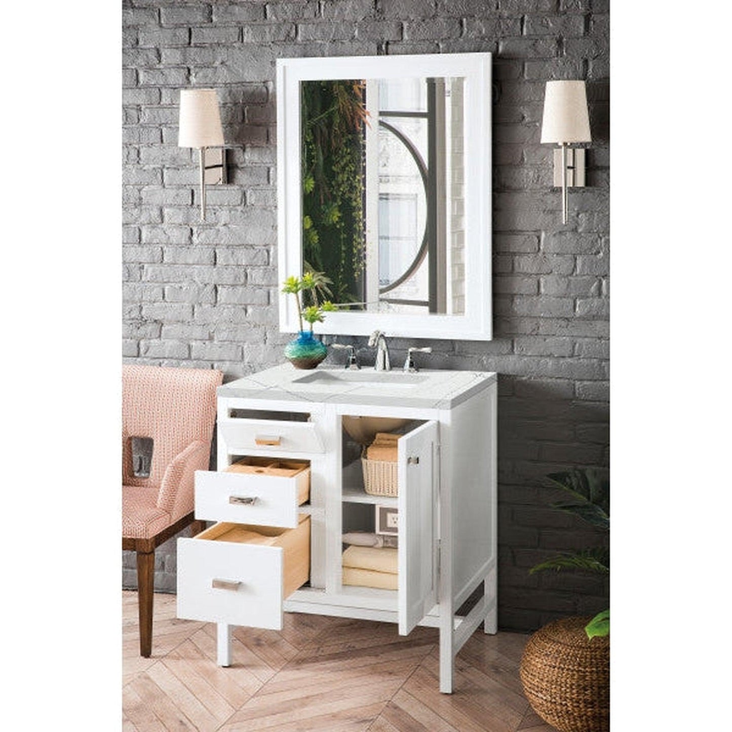 James Martin Addison 30" Single Glossy White Bathroom Vanity With 1" Ethereal Noctis Quartz Top and Rectangular Ceramic Sink