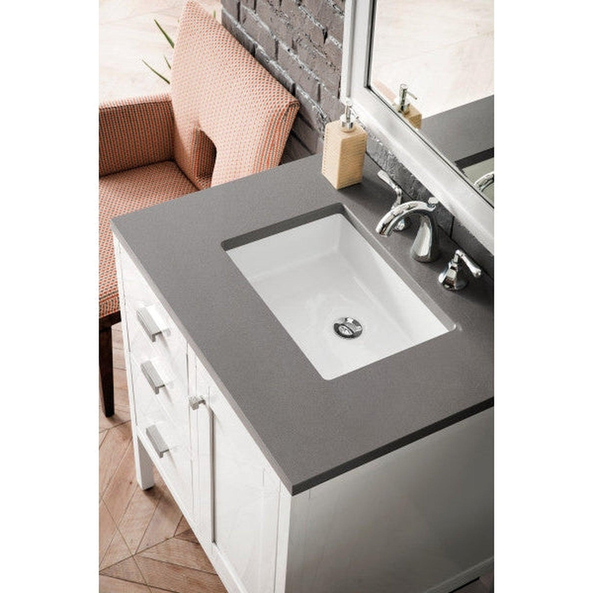 James Martin Addison 30" Single Glossy White Bathroom Vanity With 1" Gray Expo Quartz Top and Rectangular Ceramic Sink