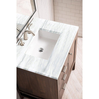 James Martin Addison 30" Single Mid Century Acacia Bathroom Vanity With 1" Arctic Fall Solid Surface Top and Rectangular Ceramic Sink