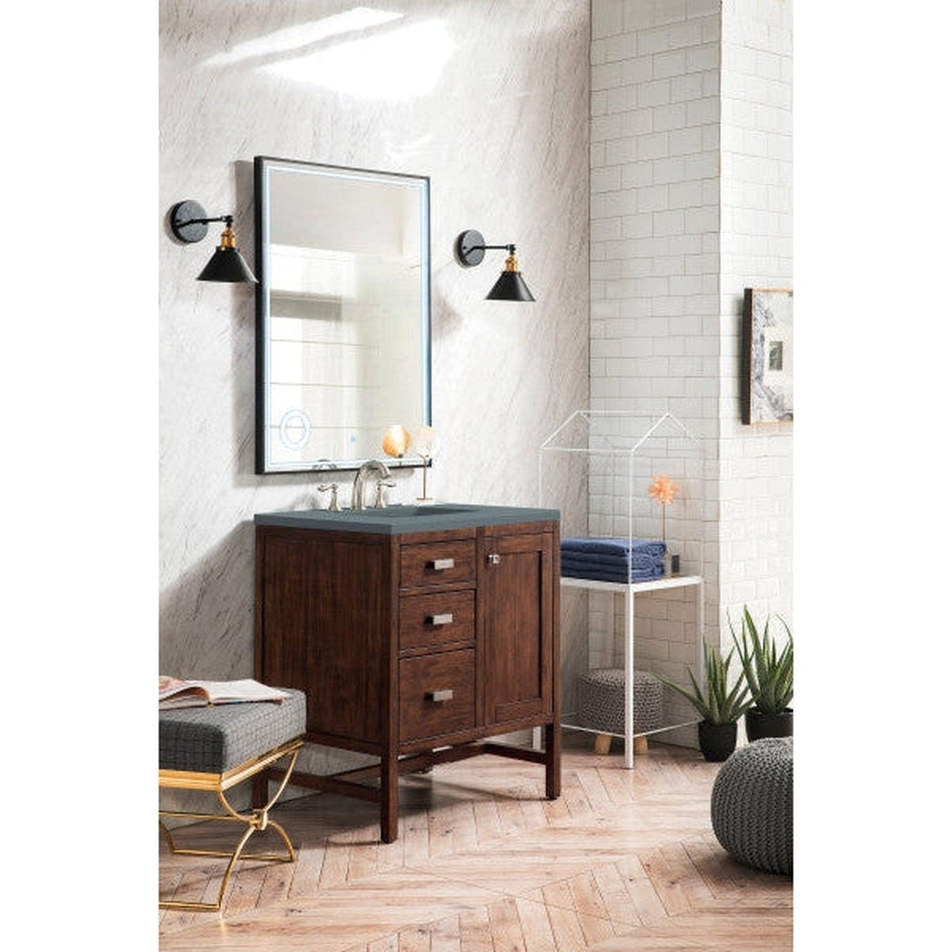 James Martin Addison 30" Single Mid Century Acacia Bathroom Vanity With 1" Cala Blue Quartz Top and Rectangular Ceramic Sink