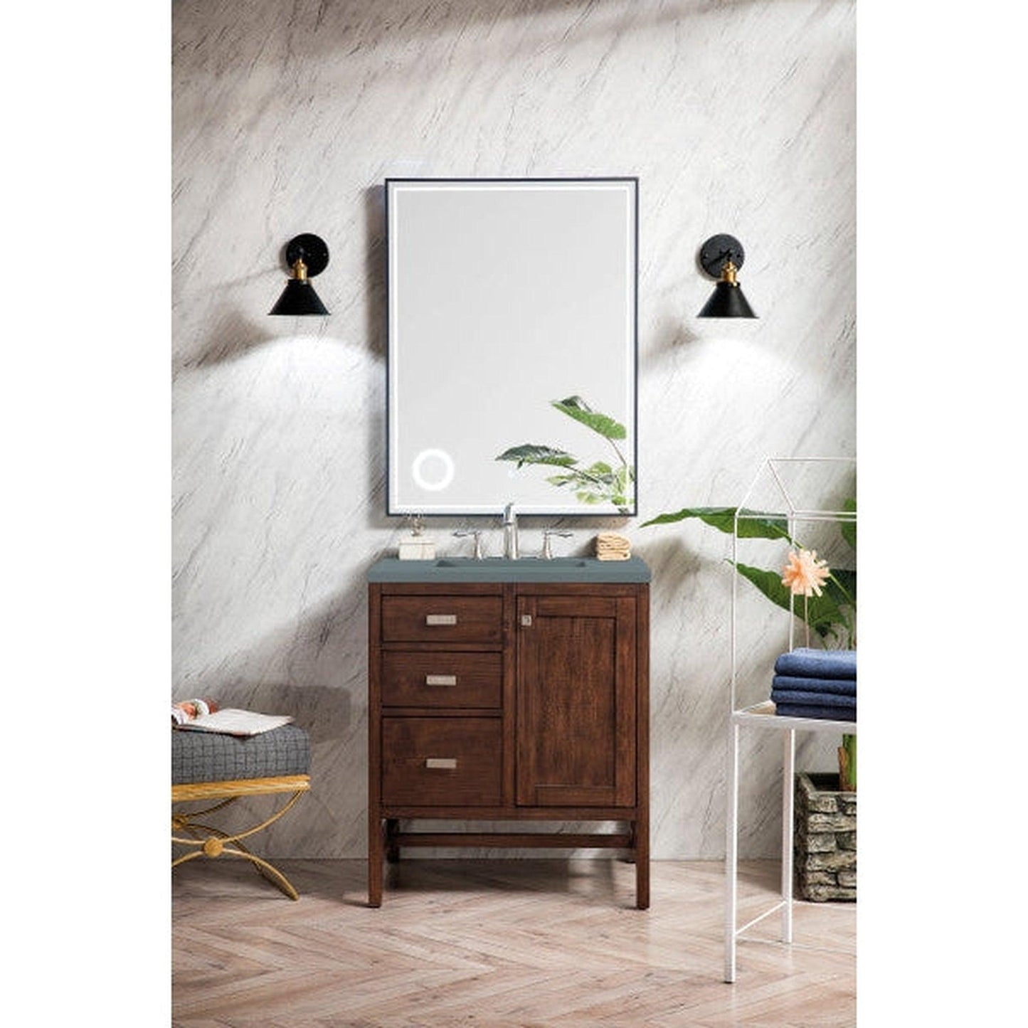 James Martin Addison 30" Single Mid Century Acacia Bathroom Vanity With 1" Cala Blue Quartz Top and Rectangular Ceramic Sink