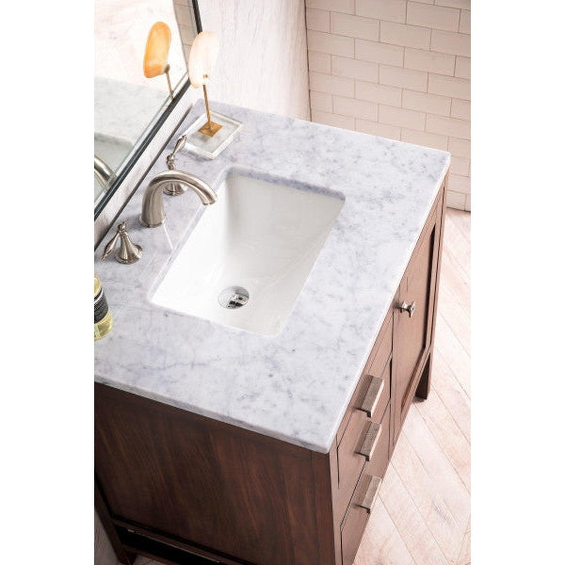 James Martin Addison 30" Single Mid Century Acacia Bathroom Vanity With 1" Carrara White Marble Top and Rectangular Ceramic Sink