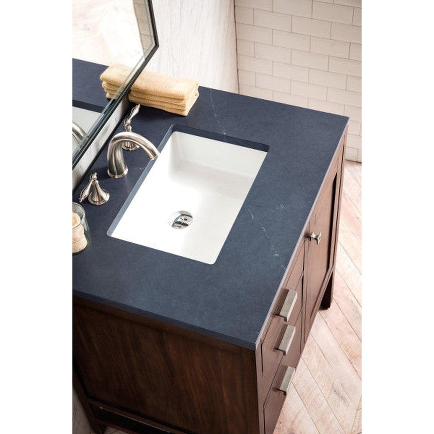 James Martin Addison 30" Single Mid Century Acacia Bathroom Vanity With 1" Charcoal Soapstone Quartz Top and Rectangular Ceramic Sink