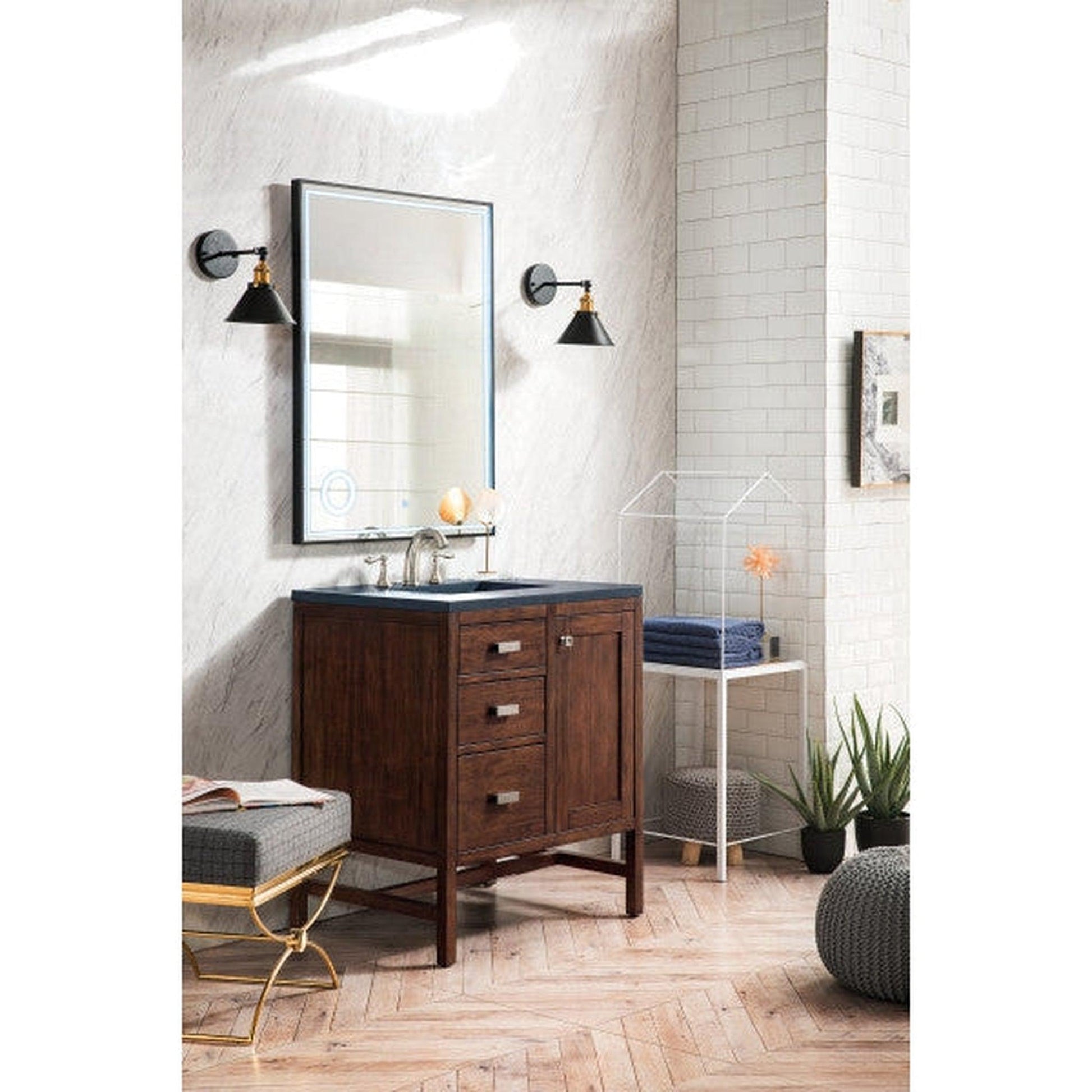 James Martin Addison 30" Single Mid Century Acacia Bathroom Vanity With 1" Charcoal Soapstone Quartz Top and Rectangular Ceramic Sink
