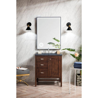James Martin Addison 30" Single Mid Century Acacia Bathroom Vanity With 1" Charcoal Soapstone Quartz Top and Rectangular Ceramic Sink
