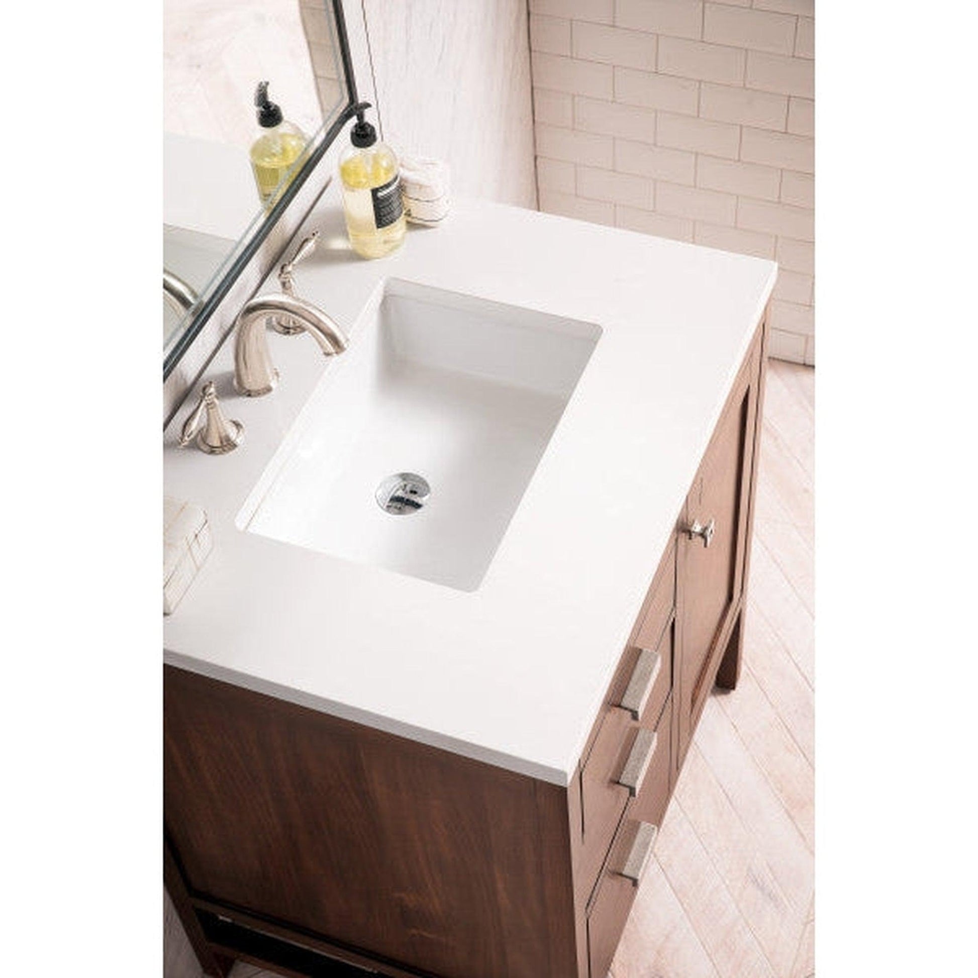 James Martin Addison 30" Single Mid Century Acacia Bathroom Vanity With 1" Classic White Quartz Top and Rectangular Ceramic Sink