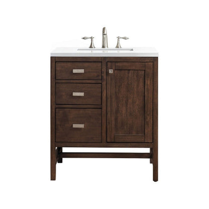 James Martin Addison 30" Single Mid Century Acacia Bathroom Vanity With 1" Classic White Quartz Top and Rectangular Ceramic Sink