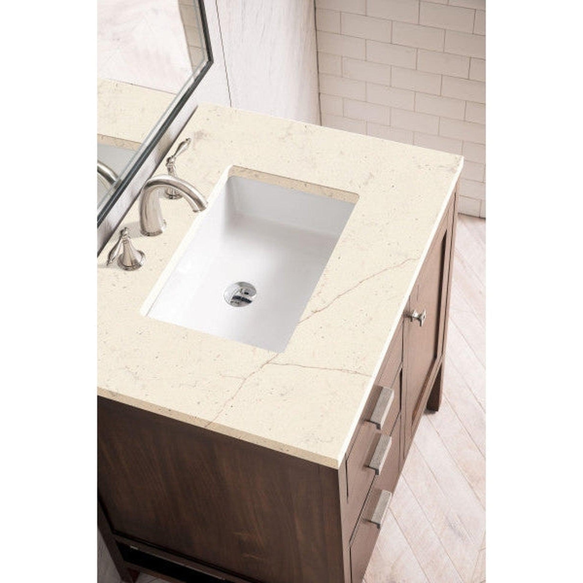 James Martin Addison 30" Single Mid Century Acacia Bathroom Vanity With 1" Eternal Marfil Quartz Top and Rectangular Ceramic Sink