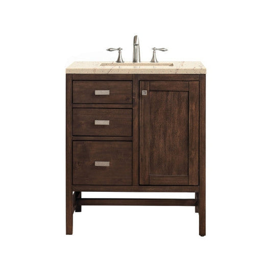 James Martin Addison 30" Single Mid Century Acacia Bathroom Vanity With 1" Eternal Marfil Quartz Top and Rectangular Ceramic Sink