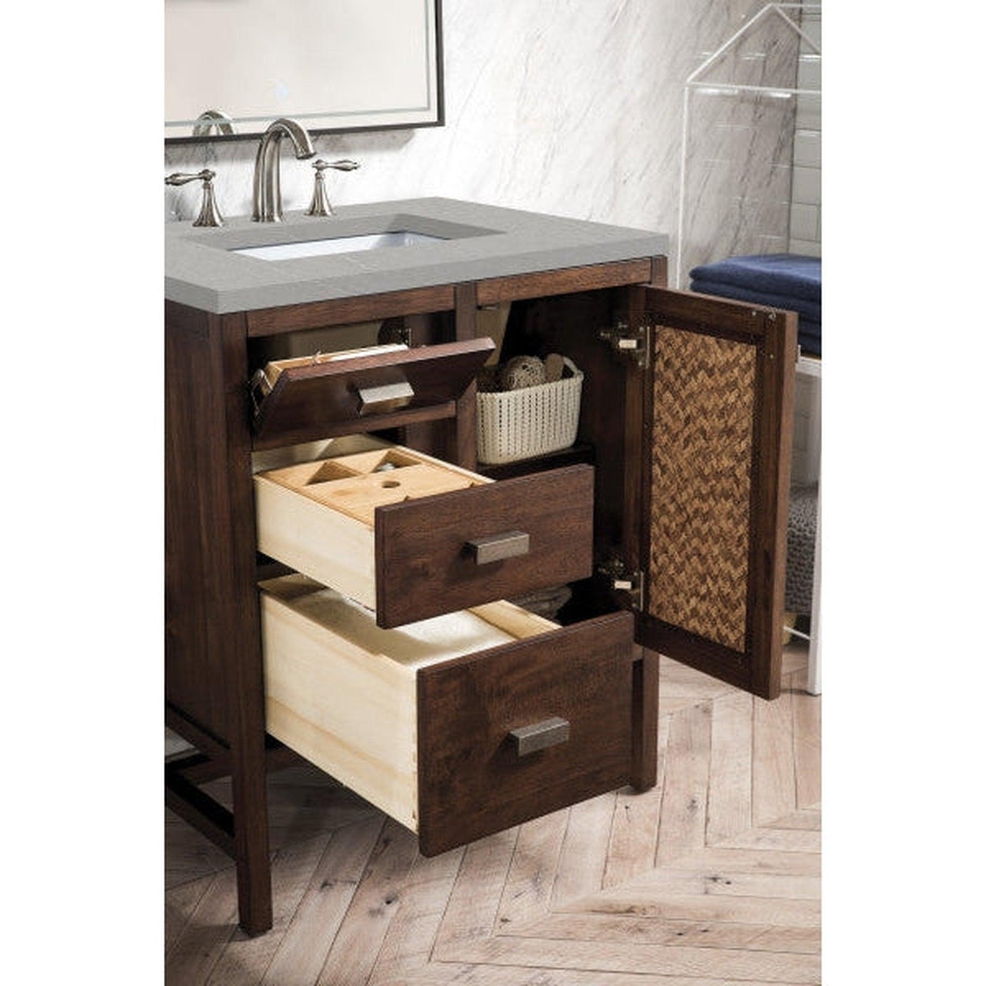 James Martin Addison 30" Single Mid Century Acacia Bathroom Vanity With 1" Eternal Serena Quartz Top and Rectangular Ceramic Sink