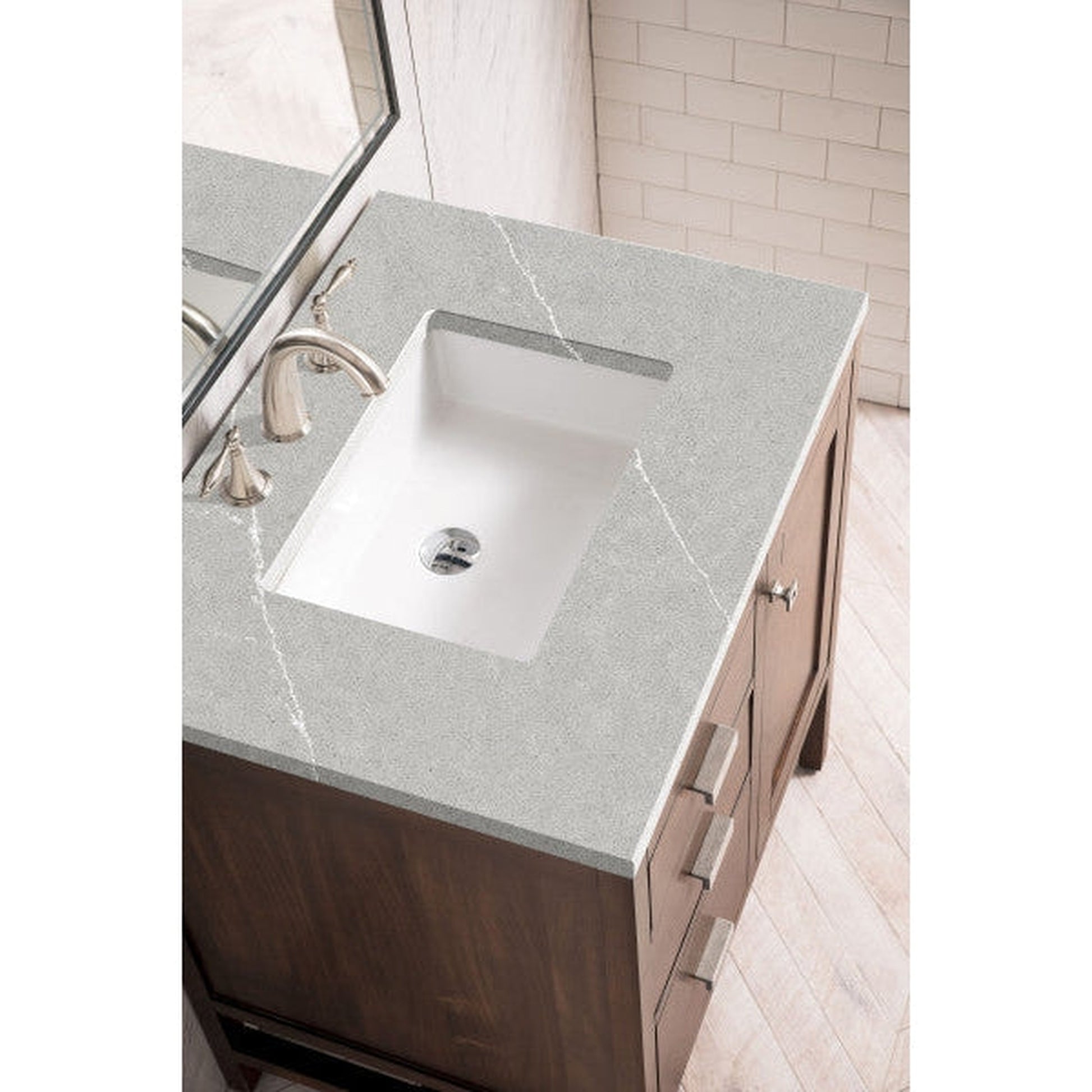 James Martin Addison 30" Single Mid Century Acacia Bathroom Vanity With 1" Eternal Serena Quartz Top and Rectangular Ceramic Sink