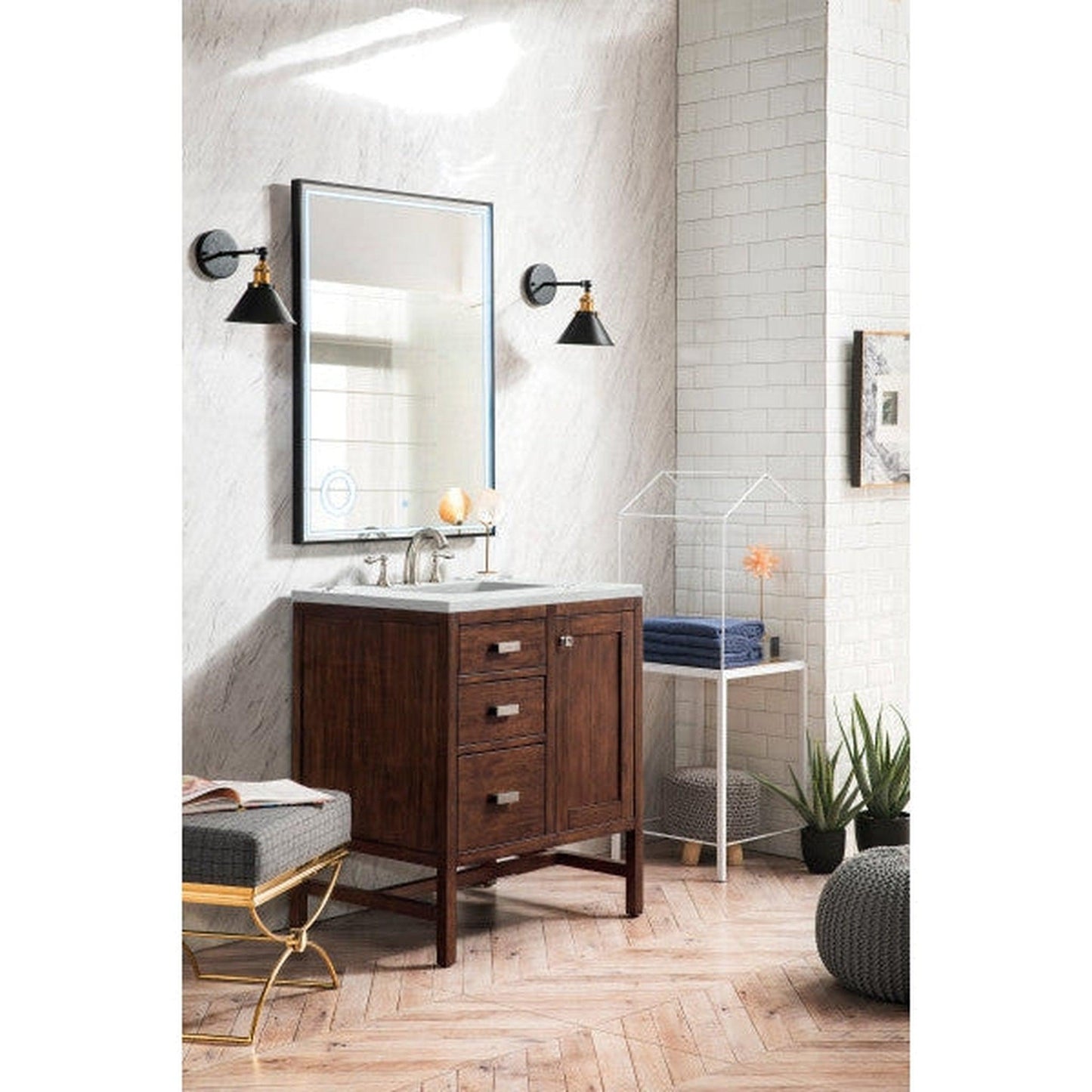 James Martin Addison 30" Single Mid Century Acacia Bathroom Vanity With 1" Ethereal Noctis Quartz Top and Rectangular Ceramic Sink