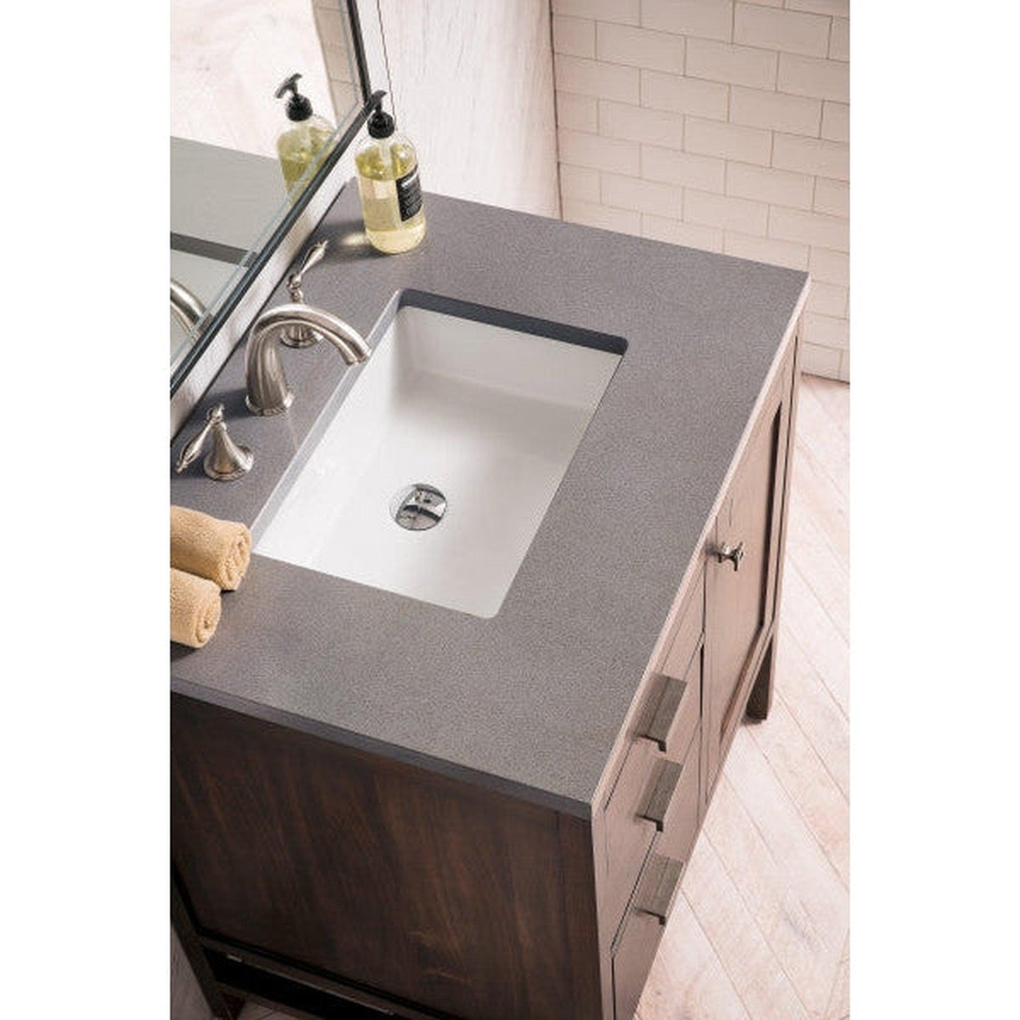 James Martin Addison 30" Single Mid Century Acacia Bathroom Vanity With 1" Gray Expo Quartz Top and Rectangular Ceramic Sink