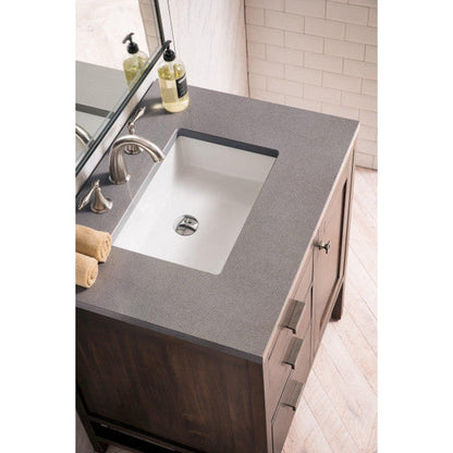 James Martin Addison 30" Single Mid Century Acacia Bathroom Vanity With 1" Gray Expo Quartz Top and Rectangular Ceramic Sink