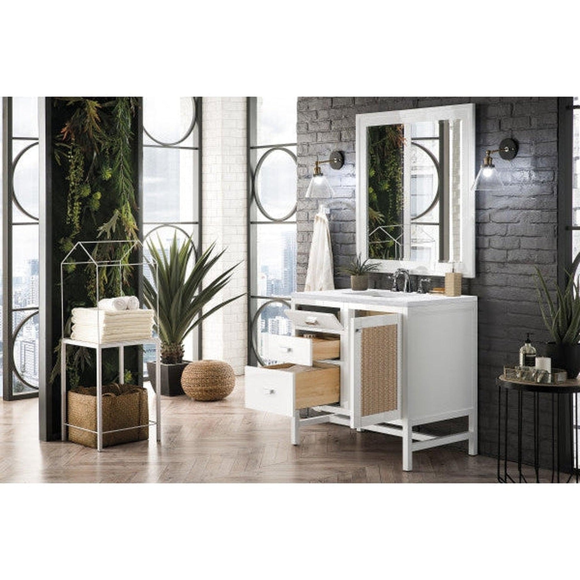 James Martin Addison 36" Single Glossy White Bathroom Vanity With 1" Arctic Fall Solid Surface Top and Rectangular Ceramic Sink