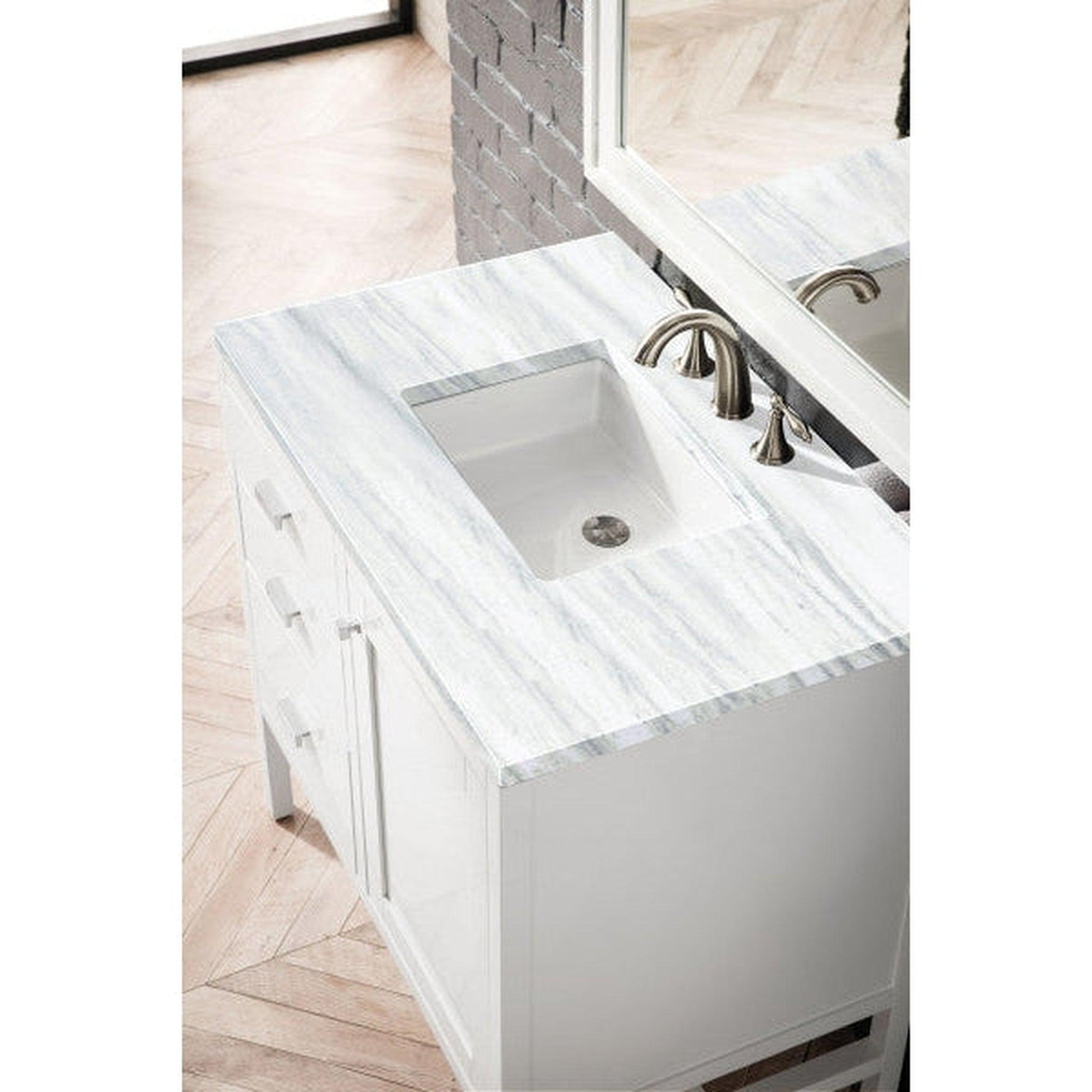 James Martin Addison 36" Single Glossy White Bathroom Vanity With 1" Arctic Fall Solid Surface Top and Rectangular Ceramic Sink