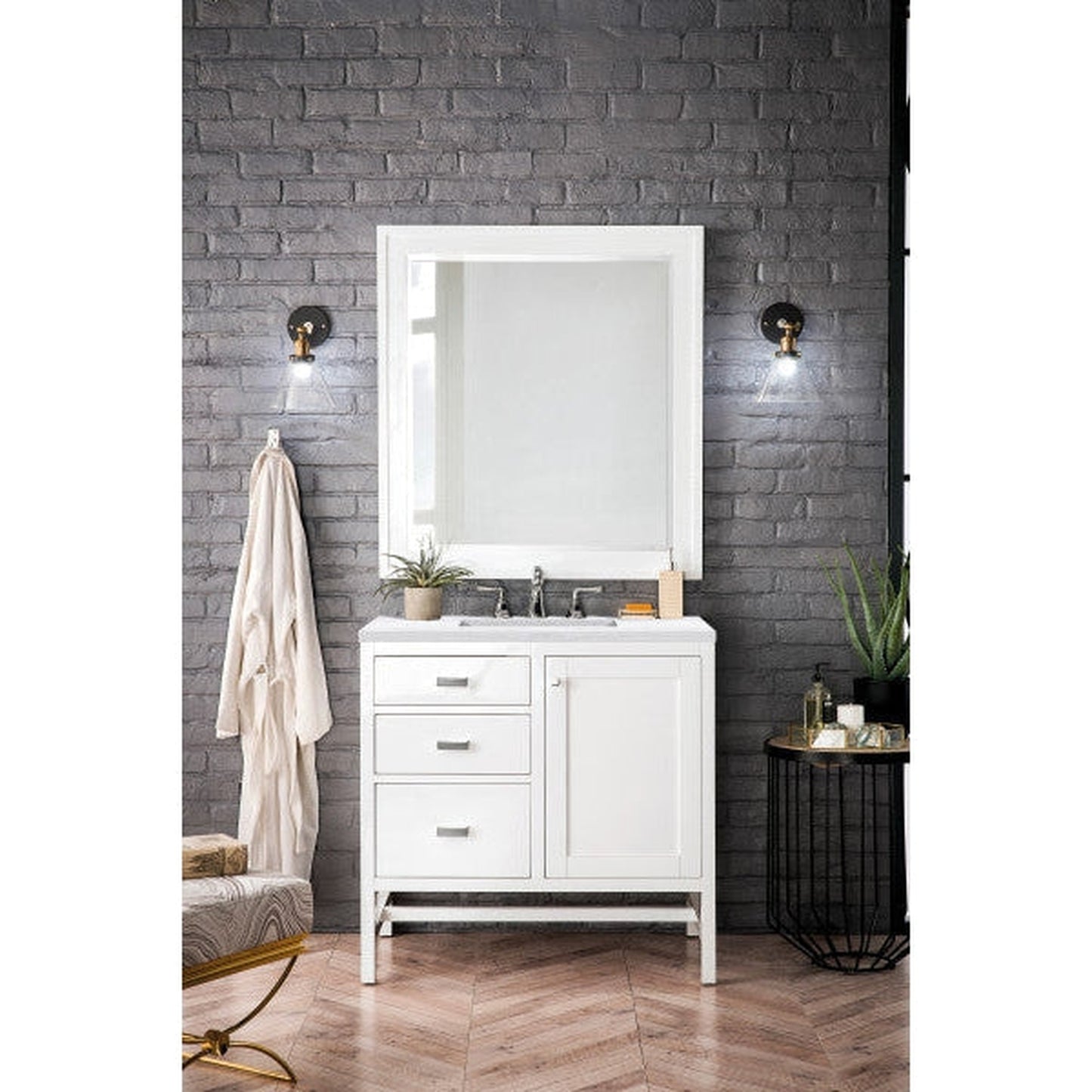 James Martin Addison 36" Single Glossy White Bathroom Vanity With 1" Arctic Fall Solid Surface Top and Rectangular Ceramic Sink