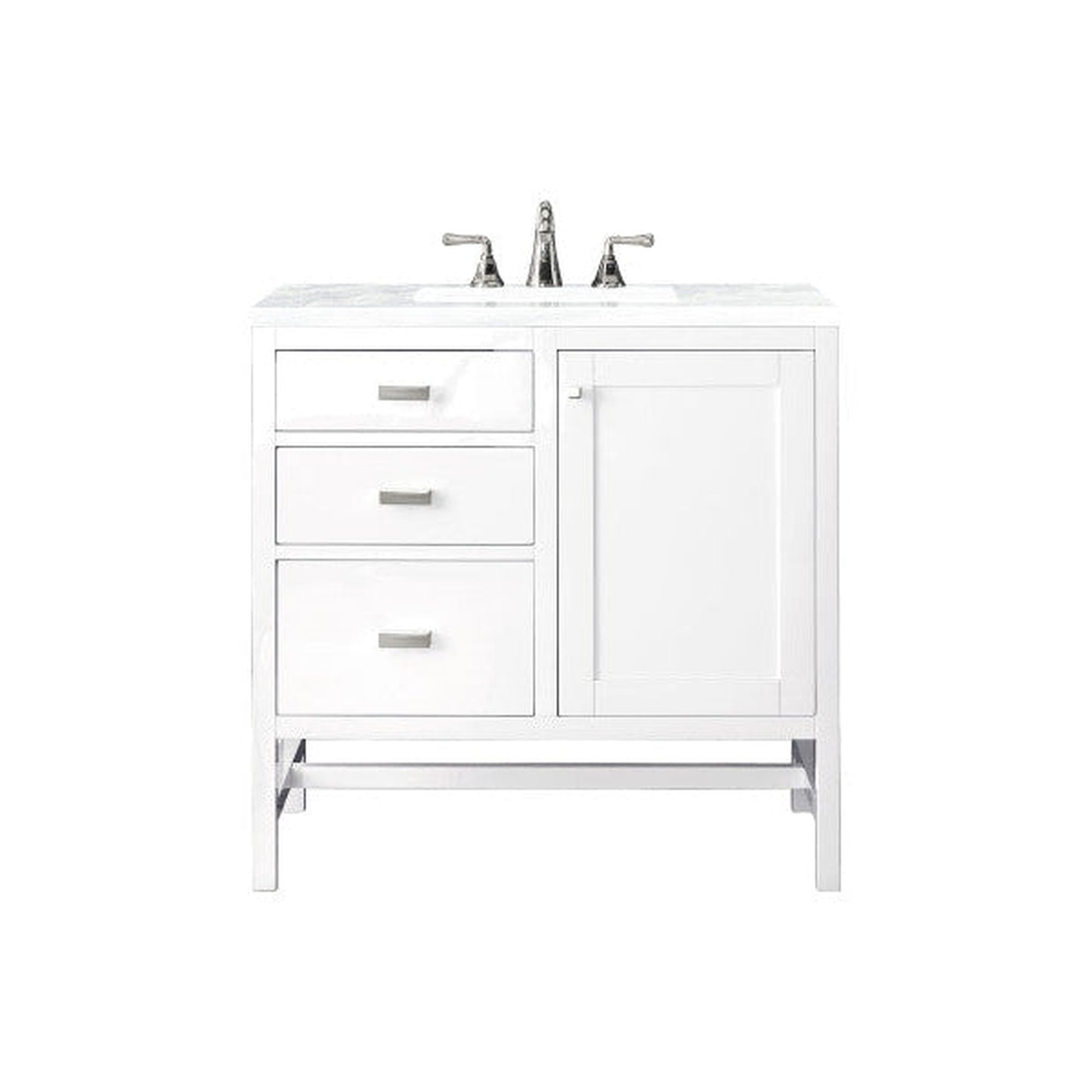 James Martin Addison 36" Single Glossy White Bathroom Vanity With 1" Arctic Fall Solid Surface Top and Rectangular Ceramic Sink